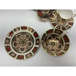 Royal Crown Derby Old Imari pattern miniature vase, coffee can and saucer, teacup and saucer and plate, all with printed mark beneath, vase H8cm 