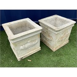 Pair stone effect square planters, each side decorated with urn, top and bottom mould - THIS LOT IS TO BE COLLECTED BY APPOINTMENT FROM DUGGLEBY STORAGE, GREAT HILL, EASTFIELD, SCARBOROUGH, YO11 3TX