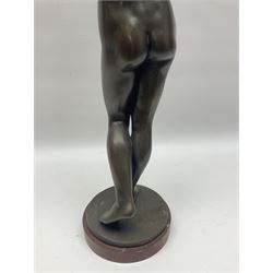 After Eugen Schlipf, Fanfair, bronzed female figure playing two horns, upon a circular marble plinth, H57cm