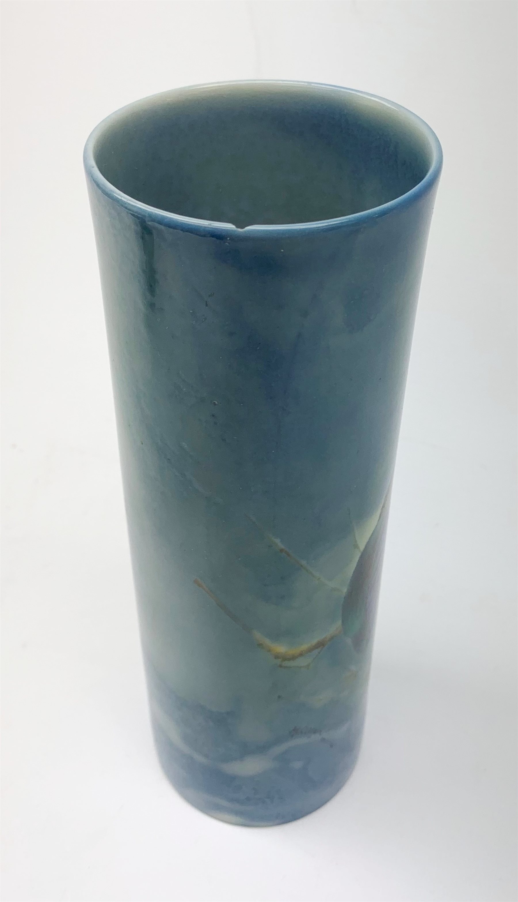 Royal Doulton Titanian Ware vase, painted by Harry Allen, of cylindrical form decorated with a Kingfisher perched upon a branch beneath a crescent moon, signed H. Allen, with printed mark beneath and painted mark 'Kingfisher 2846', H21cm