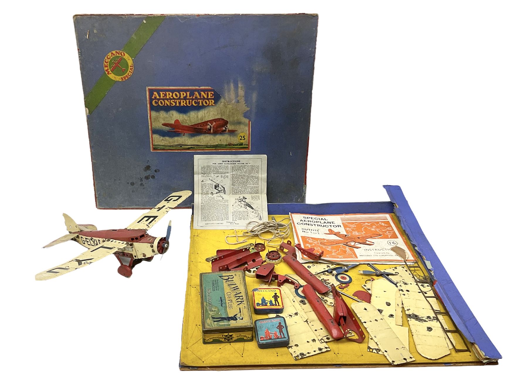 Meccano - Aeroplane Constructor box No.2S with constructed monoplane, quantity of additional parts and Instruction Manual for sets 1 & 2