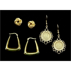 Three pairs of 9ct gold earrings, all stamped, one pair set with Esdados Unidos Mexicano coins