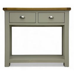 Contemporary painted oak console table, rectangular top over two frieze drawers with metal...