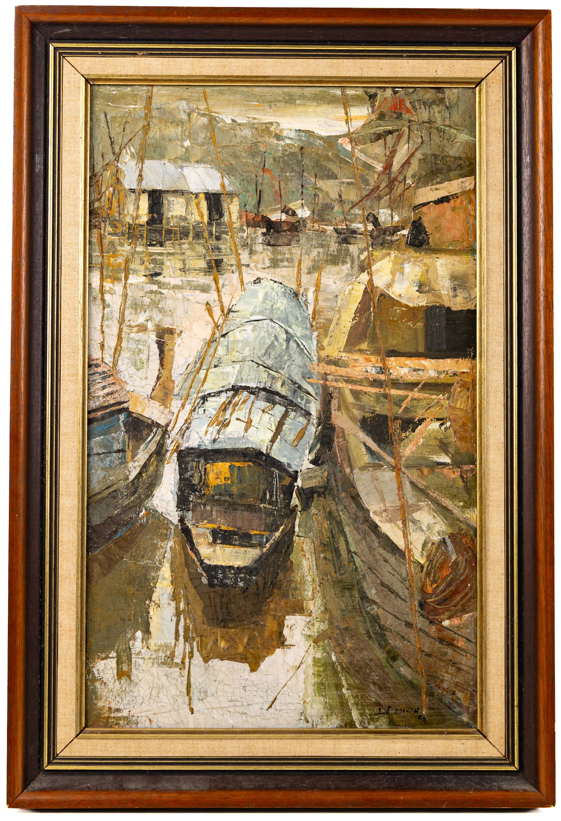 Le Minh (Vietnamese 1937-): Fishing Village with Moored Boats, oil on canvas signed and dated '69, 49cm x 29.5cm