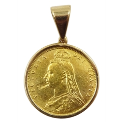 1892 gold shield back half sovereign, loose mounted in 9ct gold pendant hallmarked, approx 5.1gm