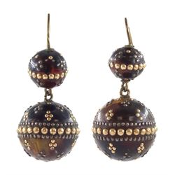 Pair of 19th century continental tortoise shell and pique work pendant earrings, with silver shepherds hook fasteners, French hallmark