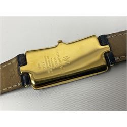 Raymond Weil ladies 'Othello' wristwatch, the rectangular 18ct gold plated case with blue enamel dial, on a Raymond Veil navy blue crocodile leather strap, in original box