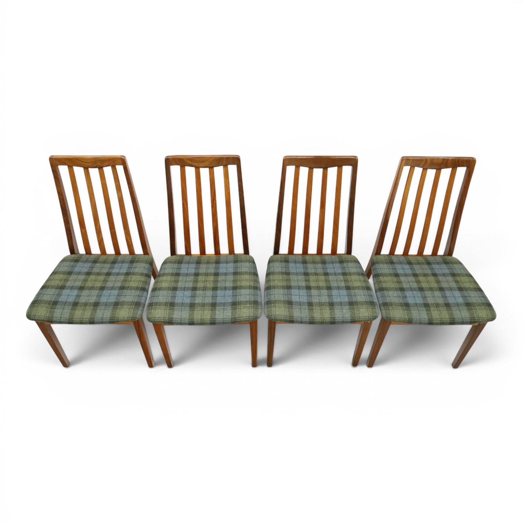 G-Plan - 'Fresco' set of teak eight dining chairs, reupholstered in green tartan and green harris tweed fabric 