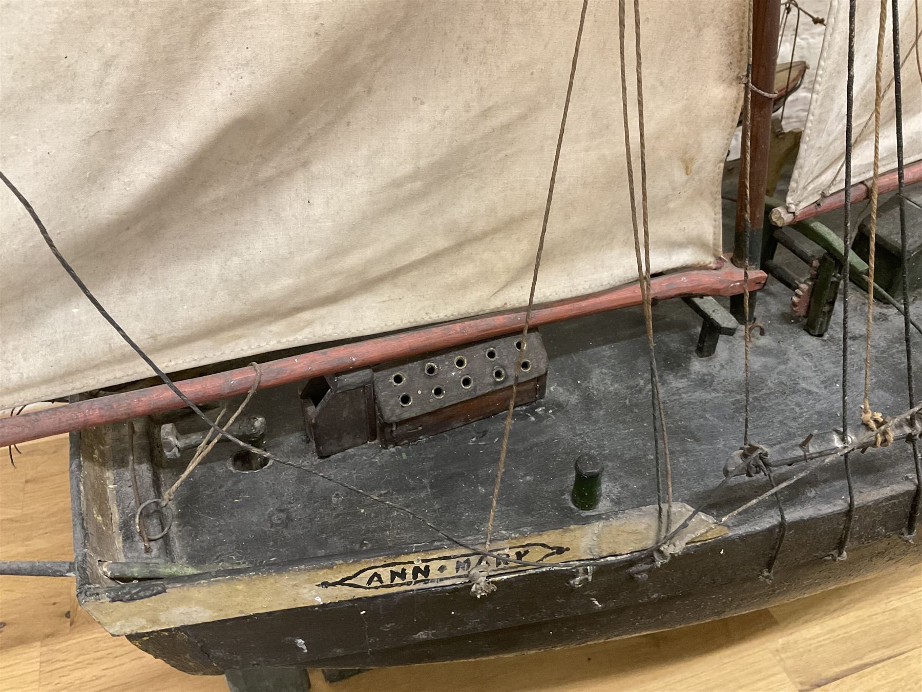 Late Victorian scratch built model of 18th century ship in full sail with the name Ann & Mary painted to the hull, upon a wooden stand, H128cm
