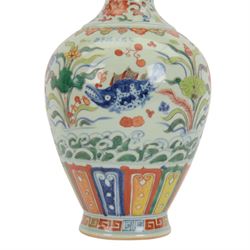 20th century Chinese doucai vase, the body of ovoid form with waisted and knopped neck, decorated with swimming fish amongst plants in underglaze blue and polychrome enamel, the body bearing spurious character mark for  Hsuan Te, H44cm