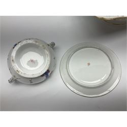 19th century Royal Crown Derby in cherry tree pattern, twin handled sauce dish and saucer and twin handled dish, together with three Royal Crown Derby plates, including one signed WEJ Dean