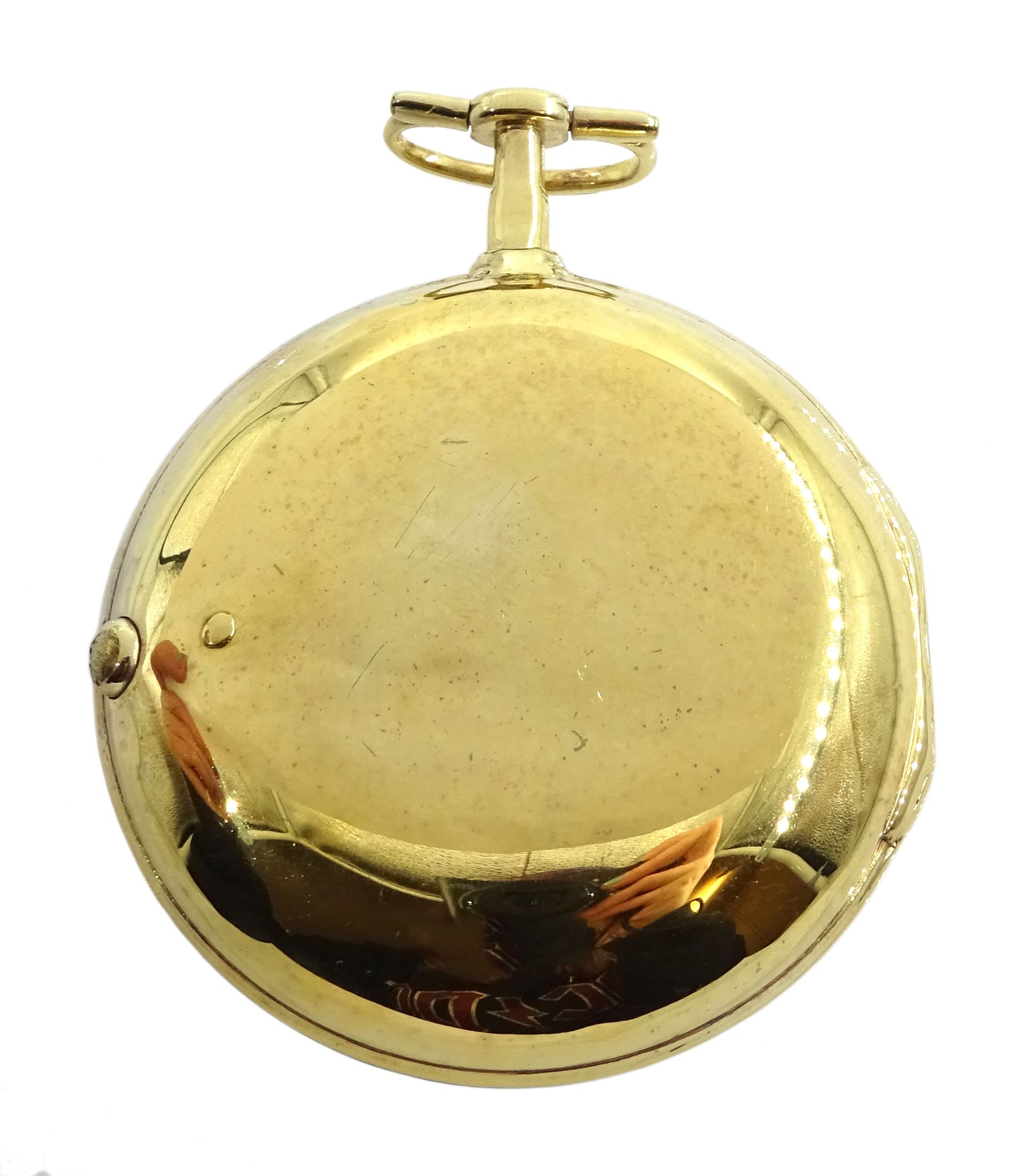 George III gilt pair cased verge fusee pocket watch by George Flote, Islington London, No. 1790, round baluster pillars, pierced and engraved cock balance, white enamel dial with Roman numerals, bull's eye glass, case makers mark I.N, with a fabric watchpaper embroidered with 'Oft let us meet in thought'