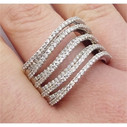  18ct white gold multi raised row diamond ring, stamped 750  