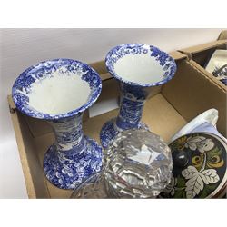 Set of metal weighing scales, pair of Chinese style ceramic table lamps, blue and white ceramics, oriental ceramics and a collection of other glassware, metal ware and collectables, in five boxes 