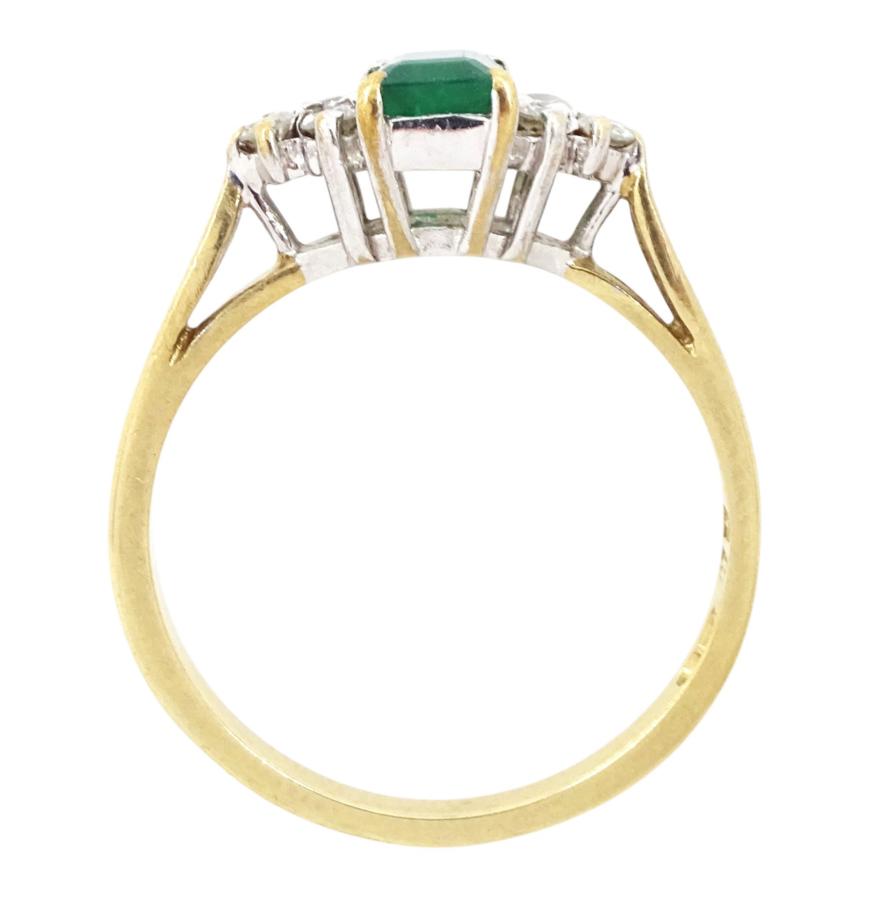 9ct gold emerald and diamond ring, single octagonal cut emerald of approx 0.45 carat, set between brilliant cut diamond trefoil shoulders