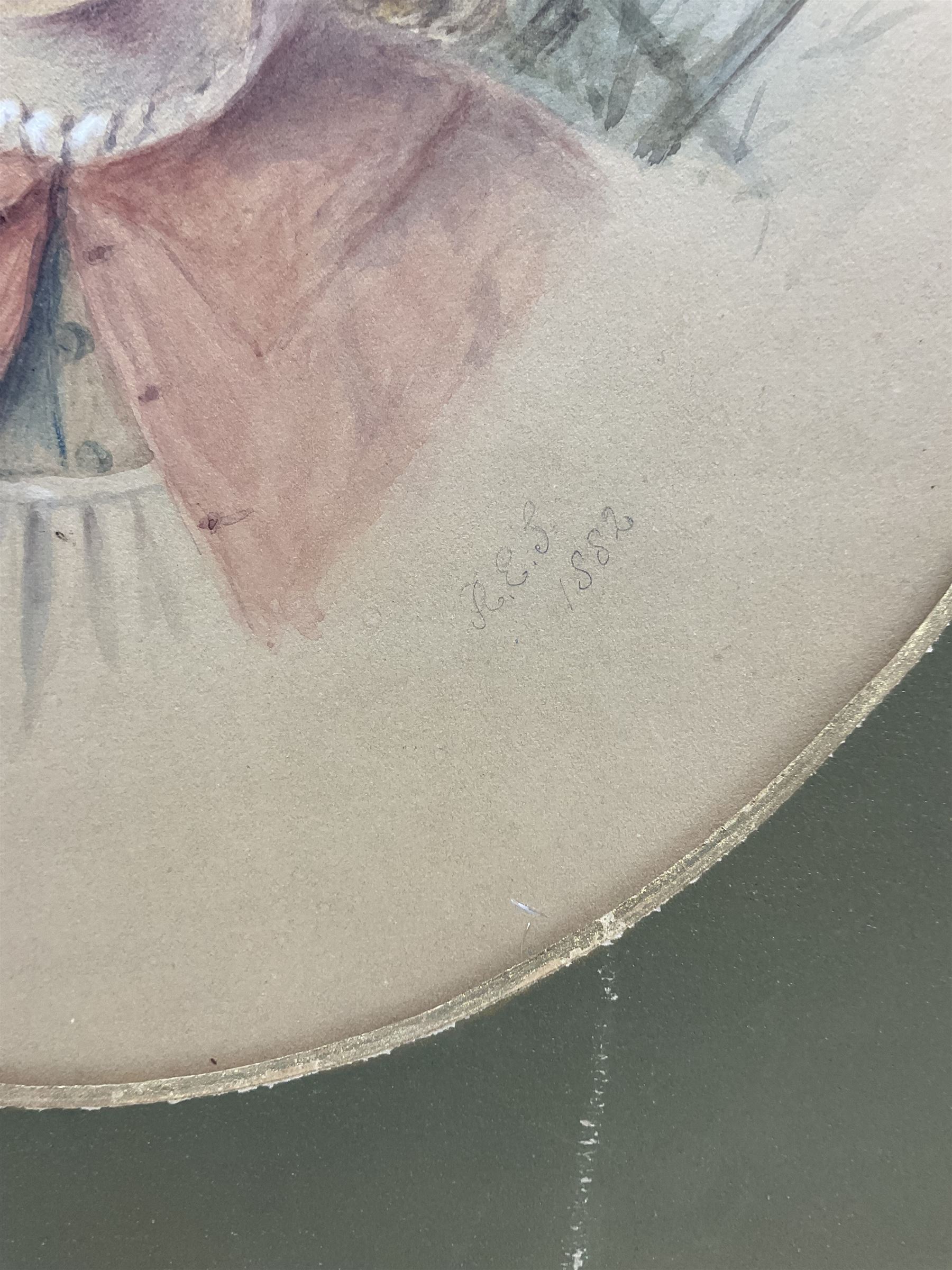 Rosina Emmet Sherwood (American 1854-1948): Girl in a White Bonnet, oval watercolour signed with initials and dated 1882, 41cm x 32cm