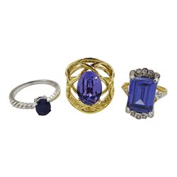 Silver-gilt Swarovski crystal open work ring, silver sapphire ring and a silver-gilt dress ring, all stamped