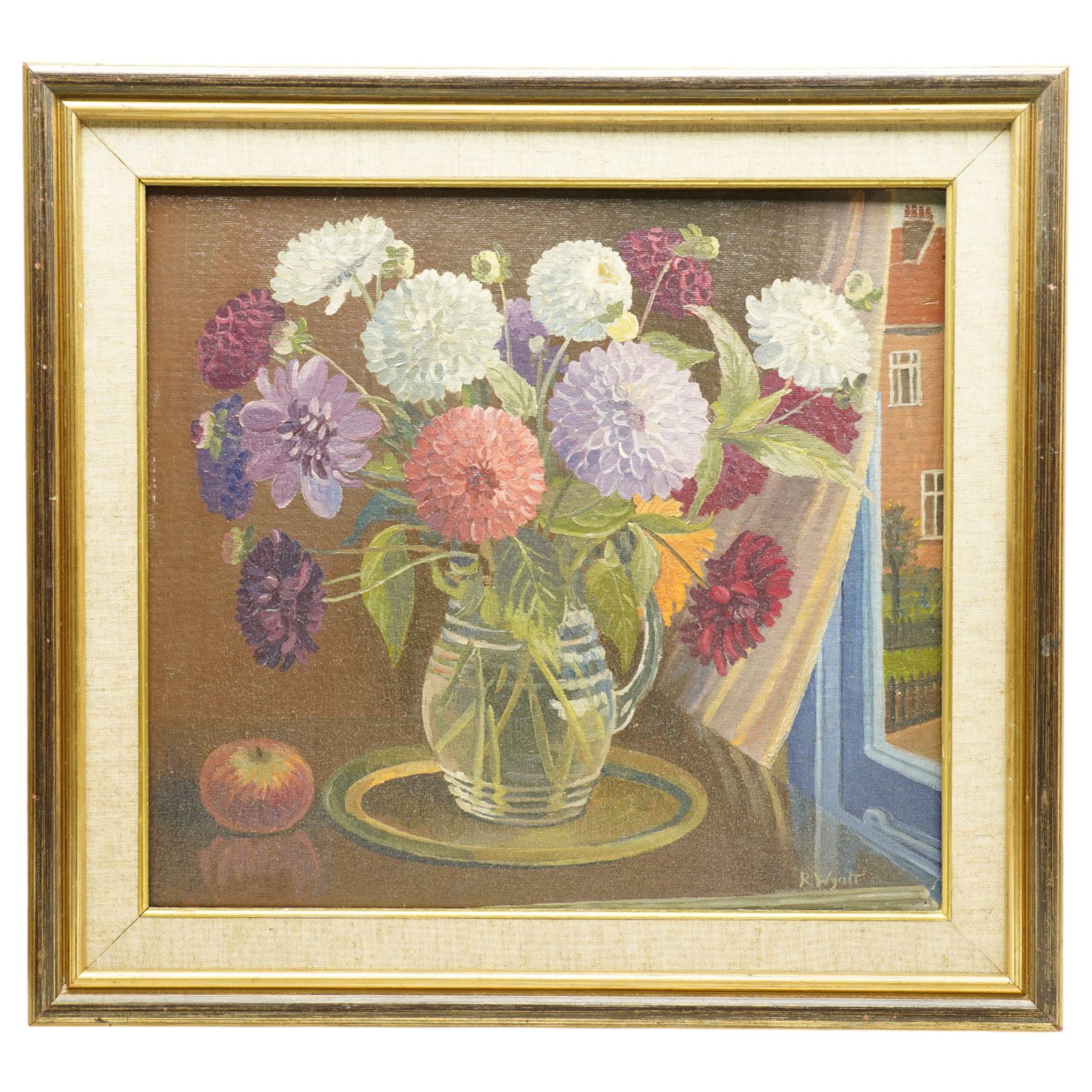 Rita Busby (British 20th century): Still Life of Flowers in a Vase, double-sided oil on board signed 40cm x 50cm; R Wyatt (British 1945-): Still Life of Chrysanthemums by the Window, oil on board signed 45cm x 50cm (2)