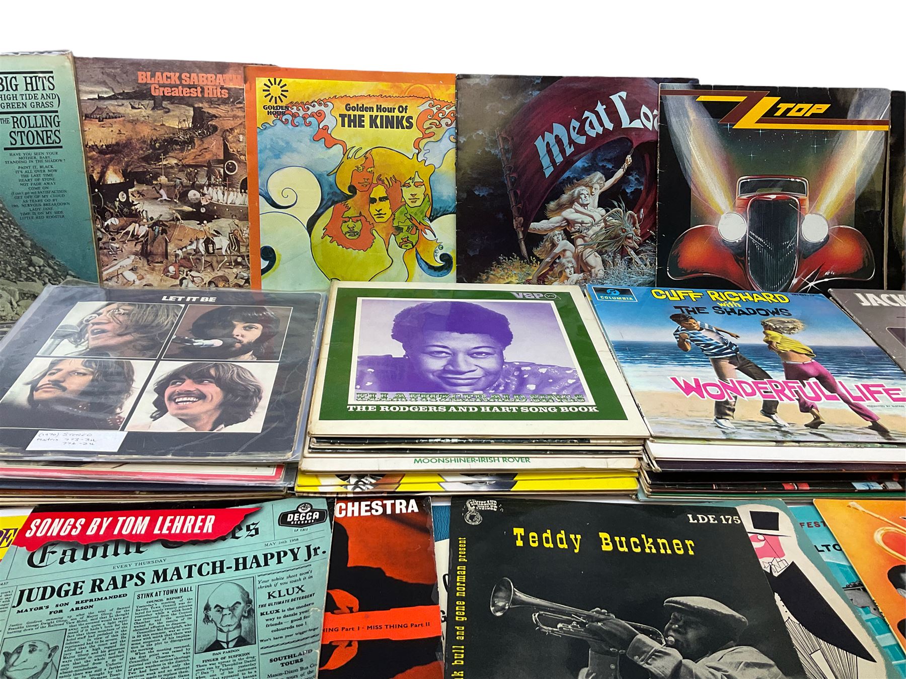 Over seventy LP records 1960s/70s/80s including seven Beatles, five Rolling Stones, Cliff Richard and The Shadows, Isaac Hayes, Jackson Browne, The Osmonds, Beach Boys, Duane Eddy, Buddy Holly, Elvis Presley, Carpenters, Thin Lizzy, Meat Loaf, Black Sabbath, Dubliners etc; and twelve 10
