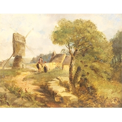 English School (19th century): Figures on Horseback by a Windmill, oil on board indistinctly signed Wilkie? (possibly David Wilkie), 19cm x 24cm and Woodland Walk, early 20th century oil on board unsigned 42cm x 35cm (2)