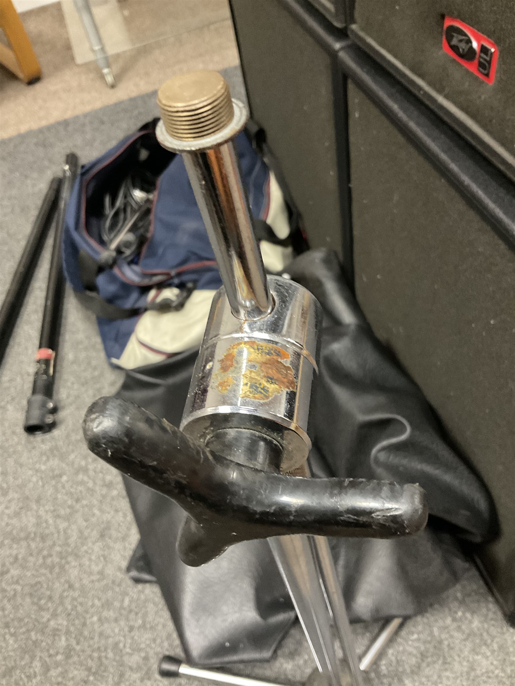 Peavey XR-696F 1200W Amplifier, serial no.K0241228, L47cm; with two Peavey UL bass bins L56cm and two Peavey top speakers L45cm with connecting rods; all with covers; and quantity of heavy duty cables, two microphone cables and microphone stand