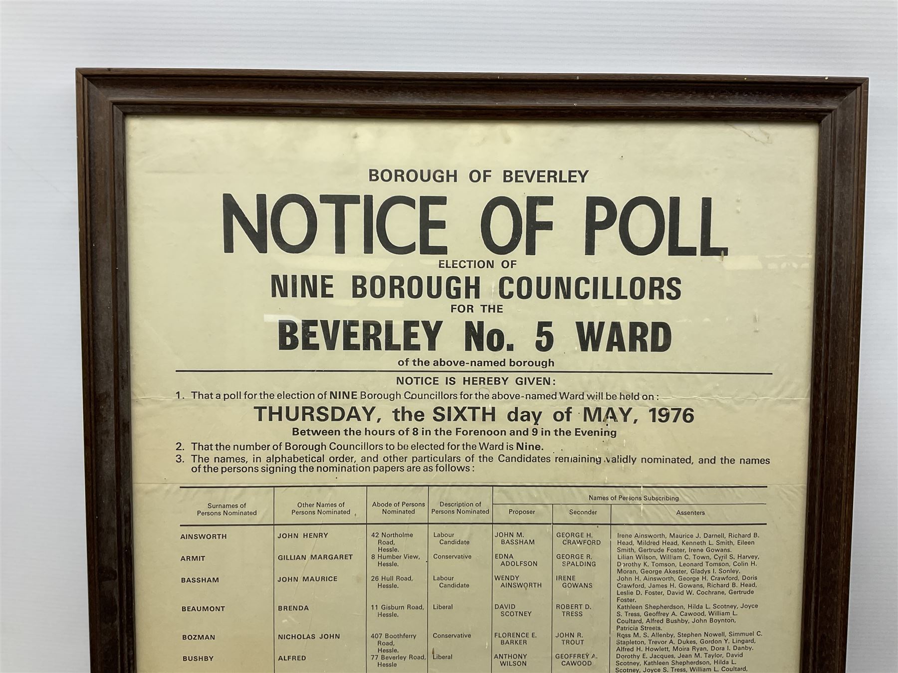 Two 19th century Beverley Race posters - 11th/12th May 1842 with vignette of a horse race 35 x 23cm; and 17th March 1854; each in ebonised frame; together with 'Notice of Poll .... Beverley No.5 Ward' 6th May 1976 78 x 43cm in mahogany stained frame (3)
