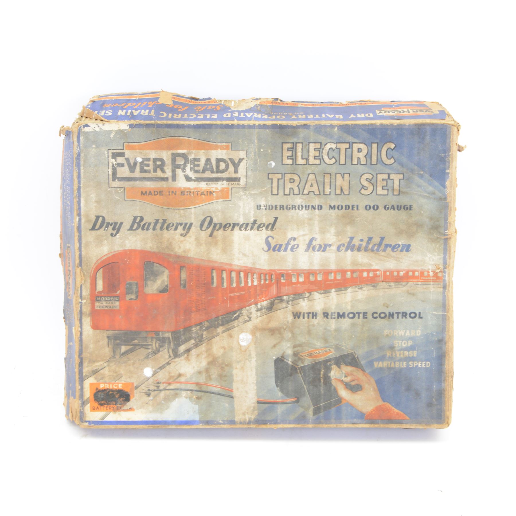 Ever Ready '00' gauge battery operated London Underground electric train set, including London Transport 3-rail power car, two passenger coaches, track and controller, in original box with operating instructions inside lid