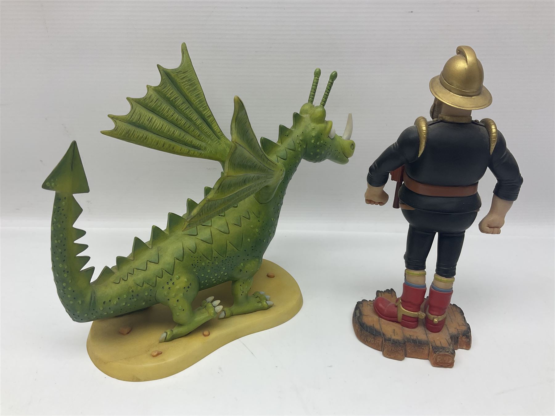 Eleven Robert Harrop figures from various collections, comprising limited edition The Trumpton Fire Engine Musical Box CGMB8 no. 359/1000, The Dragon from the Red Knight BN09, Bulldog Fireman DP165, Pointer Fire Chief DP184, Dalmatian New York Fire Fighter DP234, Dalmatian Fire Fighter DP191; Desperate Dan ‘Fireman Dan’ BDS11, Cuthbert CG13, Pugh (Clarinet) CG70, The Soup Dragon CL05 and Baby Dragon CL06