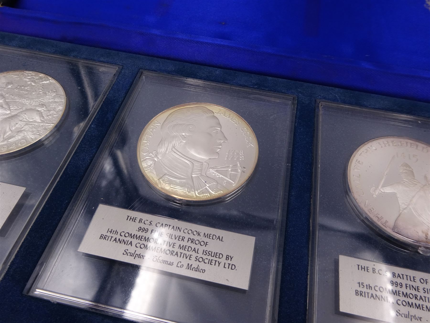 British Commemorative Society Ltd, set of six commemorative .999 fine silver proof medals, no. 13 to 18 , to include The Dunkirk Medal, The Captain Cook Medal, The Battle of Agincourt Medal, The Prince of Wales Investiture Medal, The Stonehenge Medal and The Queen Elizabeth Medal, each contained within clear perspex cases, in a silk lined fitted case