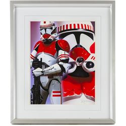 Five framed Cards Inc Star Wars Revenge of the Sith prints, comprising Mace Windu, Yoda, C-3PO, Darth Vader and R2-D2, the R2-D2 example signed by actor Kenny Baker, together with a collection of six smaller limited edition Star Wars art prints, largest H39cm (11)