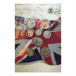 Seven The Royal Mint United Kingdom uncirculated coin sets, comprising  2008 'Emblems of Britain' seven coins, 2010 'A celebration of Britain' eight coins, 2014 'Definitive' eight coins, 2015 'The Fourth Circulating Coinage Portrait Final Edition' eight coins, 2022 'Definitive' eight coins, 2023 'King Charles III Definitives' eight coins and 2024 'Definitive' eight coins, all in card folders