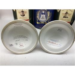 Bells, Scotch whisky, in seven Wade ceramic decanters, comprising two Christmas decanters 1990 and 1991, 60th birthday of Queen Elizabeth II decanter, Golden Wedding anniversary of the Queen and the Duke of Edinburgh decanter, Birth of Princess Beatrice decanter, Birth of Princess Eugenie decanter and Queen's mothers, together with Bells, blended Scotch whiskies, three miniatures in Wade ceramic decanters, various contents and proofs