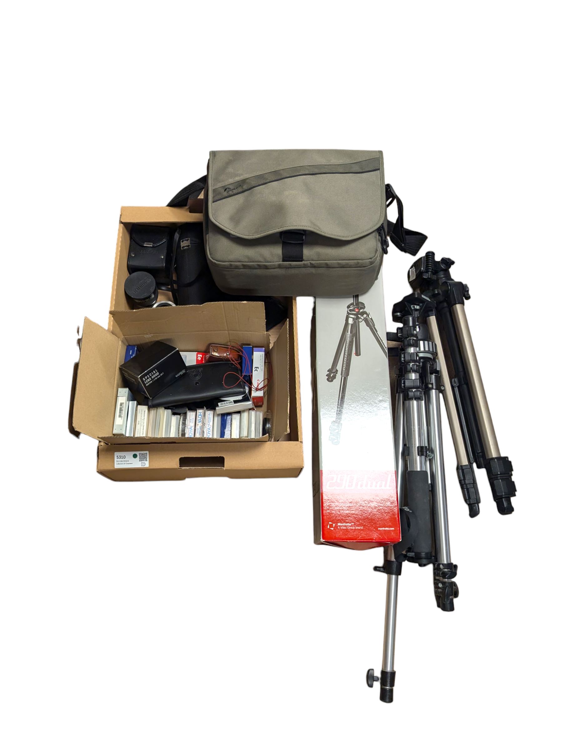 Camera equipment and accessories, including a boxed Manfrotto 290 dual tripods, two other tripods, four Tamron lenses and a collection of filters