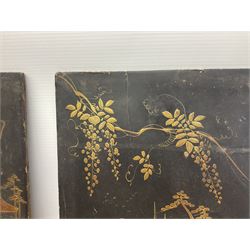 Set of four Oriental lacquered panels decorated with mother of pearl inlay and gilding of figures, landscapes and blossoming branches, L59.5cm W22cm