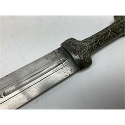 19th century Khanjali dagger, 33.5 cm double edged fullered blade with stamped makers marks, ornate cast grip, with engraved white metal scabbard, 46cm overall