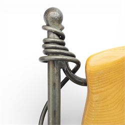 Paul Hodgkiss Designs of Glasgow - contemporary shaped elm dining table with wrought iron base; with set ten (8+2) matching high-back dining chairs, table of organic form above an elaborate wrought iron supports, with central elm stretcher, the chairs with en suite with matching wrought iron work burred elm headrest, purple velour upholstery with drop in seat     

Table: W 102cm, L 243cm, H 74cm
Chairs: W 56cm, D 52cm, H 130cm