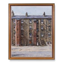 John Seymour Godden (British 1930-1999): 'Gorbals Tenements' Glasgow, oil on board signed, titled verso on artist's studio label 62cm x 50cm