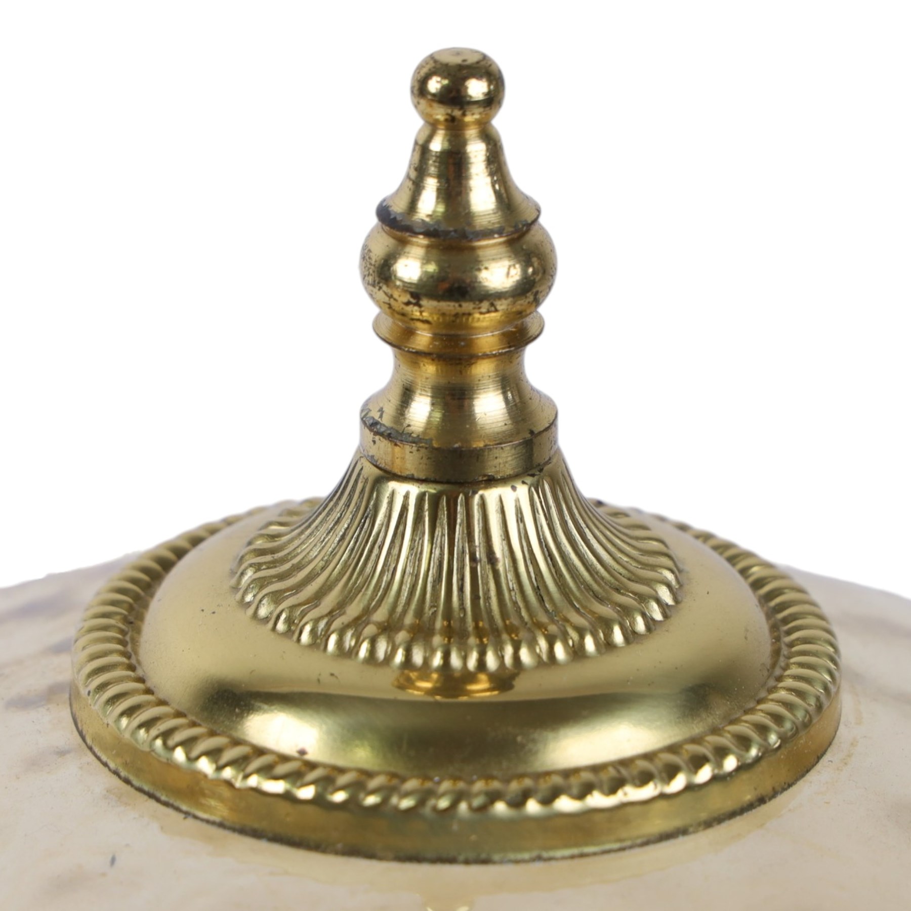 Two dome glass light shades, with brass details, H34cm