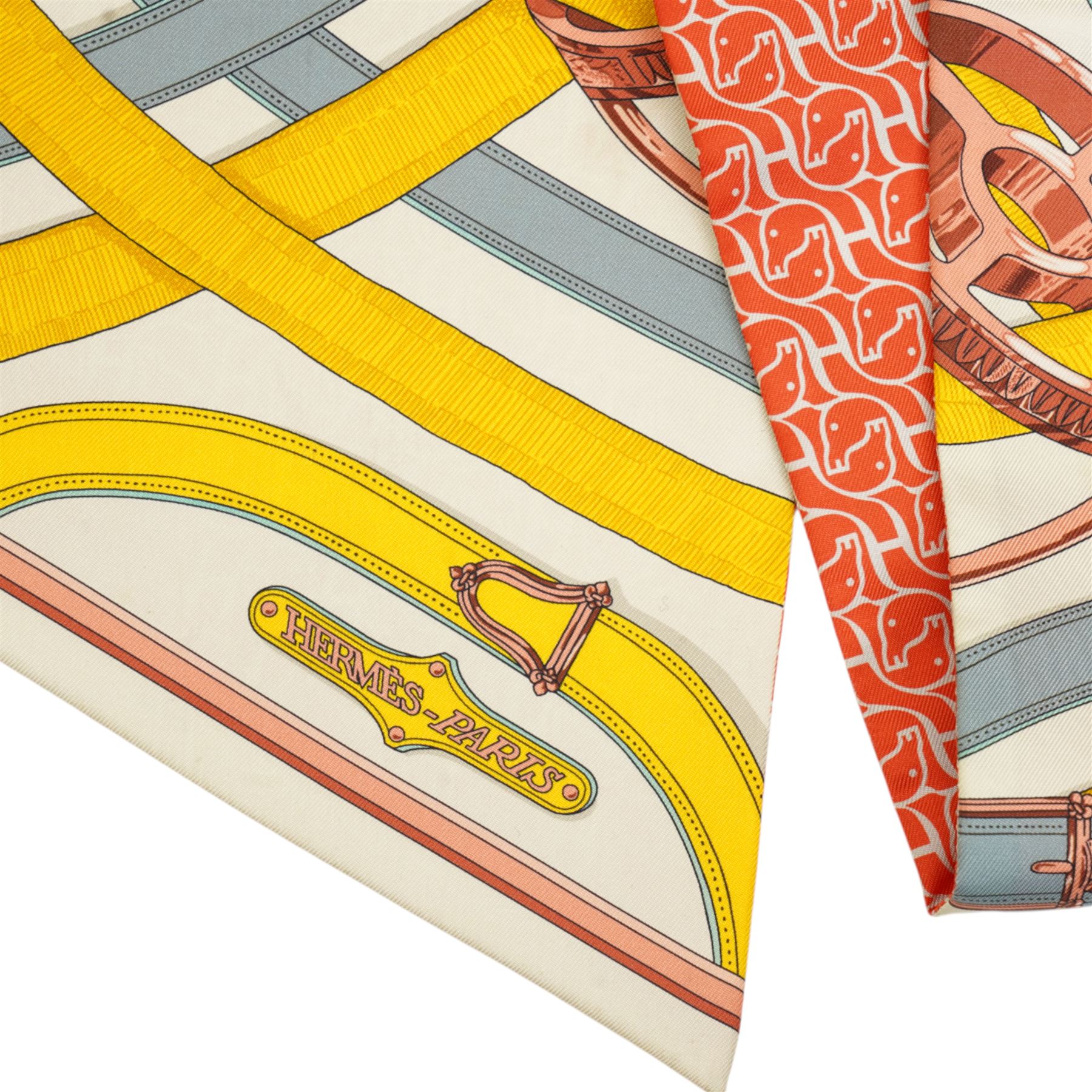 Hermes 'Cavalcadour' maxi twilly silk scarf, in pink yellow and blue colourway, designed by Henri d'Origny, 156cm x 20cm, in original Hermes box