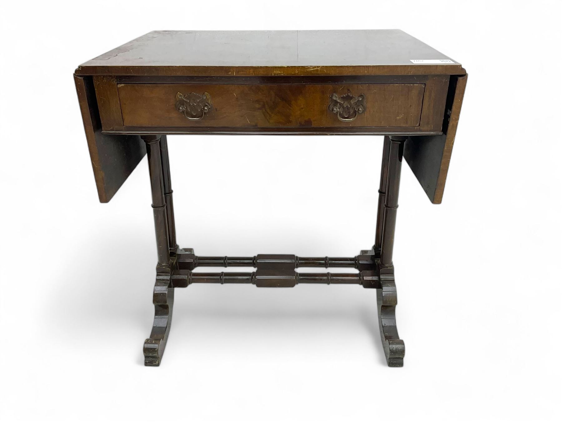 Small Victorian drop-leaf occasional table, rectangular top with drop sides and single frieze drawer, on turned supports and scrolled feet joined by twin stretchers