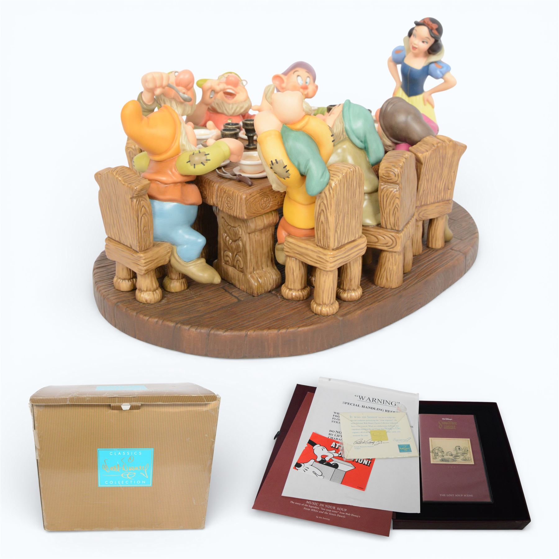 Limited Edition Disney Classics Collection figure group 'Soups On!', Snow White and the Seven Dwarves having dinner at a large table, boxed with certificate of authenticity and presentation video of the scene