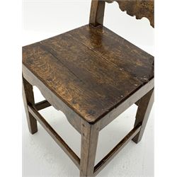 18th century oak chair, tapered back with two horizontal splats with fret work decoration, plank seat, tapering supports joined by stretchers