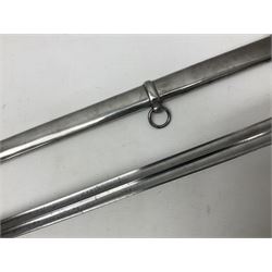 Early 19c French 1st Empire Heavy Cavalry trooper's sword, the 95.5cm double fullered blade with various stamped marks and inscribed Klingenthal 1814 to the back edge, four-bar brass hilt with wire-bound leather grip, knucklebow numbered 139; in polished steel scabbard with two suspension rings L117cm overall