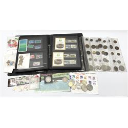 Mostly Great British stamps and coins including King George II crown coin, Queen Victoria 1890 crown, King George V 1923 half crown, various pre-decimal coins, Queen Elizabeth II pre and post decimal presentation packs etc