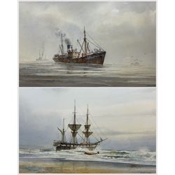 David C Bell (British 1950-): Ships Portraits 'A Barque Ashore - Near Filey c1875' and 'Cape Mariato - Built  Beverley 1936', two watercolours signed, titled verso 31cm x 47cm (2)