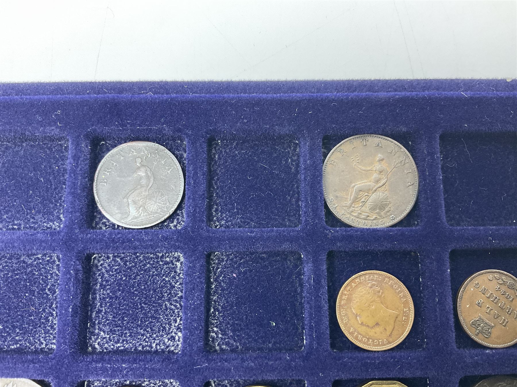 Commemorative, fantasy and other coinage, including George II 1754 farthing, George III 1773 farthing, cartwheel penny and cartwheel two pence, Queen Victoria Canada 1886 twenty five cents, various commemorative crowns etc, housed in three blue coin trays