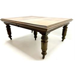 Late 19th Century oak boardroom table, moulded top, six leaves, turned, melon fluted supports with acanthus carved detailing