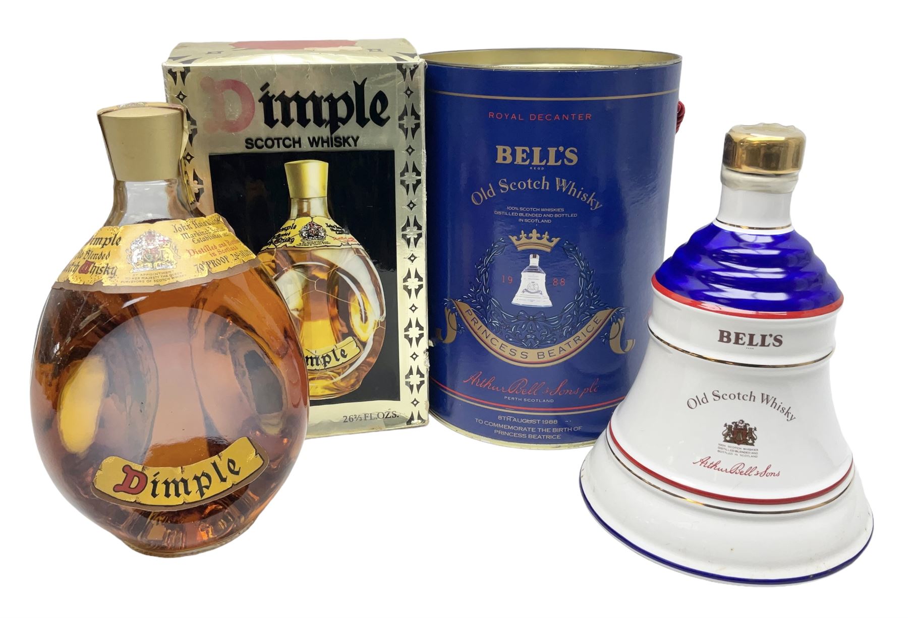 John Haig & Co Dimple Scotch whisky, 26 2/3 fl oz, 70% proof, one bottle and Bells Princess Beatrice whisky in original box, 75cl, 43% vol, one bottle (2)