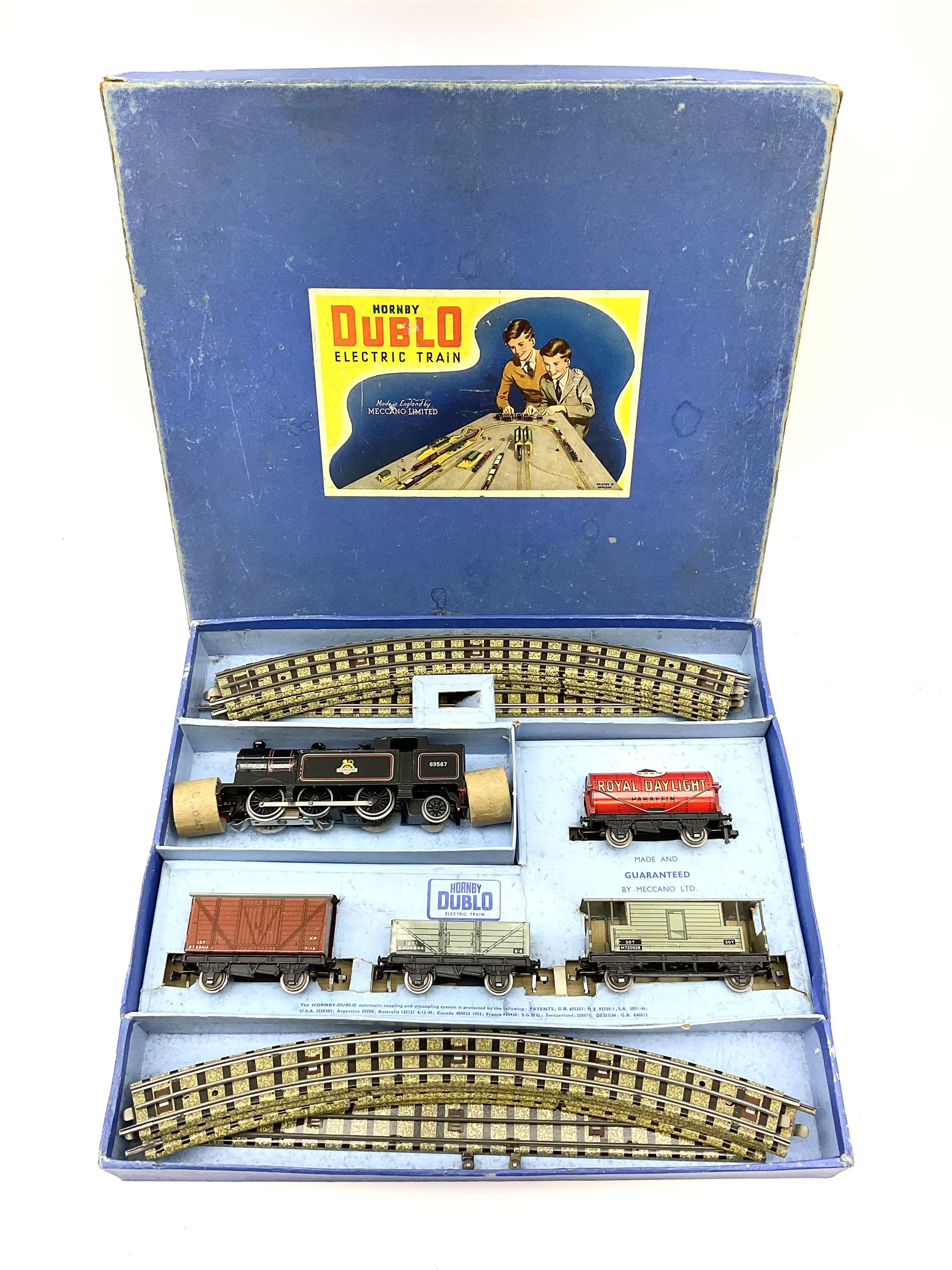 Hornby Dublo - three-rail EDG17 Tank Goods Train set with BR black 0-6-2 Tank locomotive No.69567, three items of rolling stock and brake van, quantity of straight and curved track, boxed.
