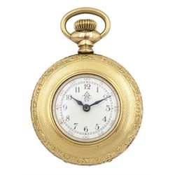 Early 20th century 14ct gold open face keyless lever fob watch by American Watch Co, Waltham, No. 7203573, white enamel dial with Arabic numerals and outer minute ring, case with engine turned and engraved foliate decoration and cartouche by Fahys, stamped 14K